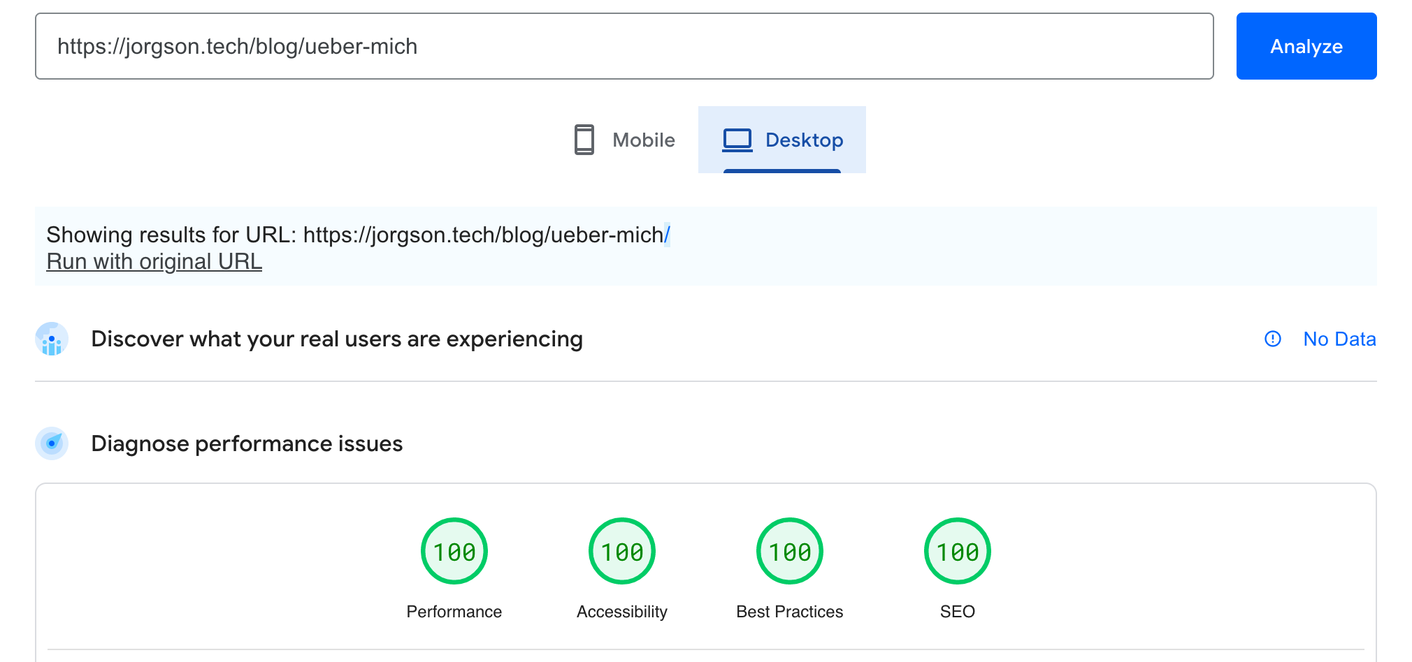 Auswertung Web Core Vitals Desktop, 100% 100% 100%